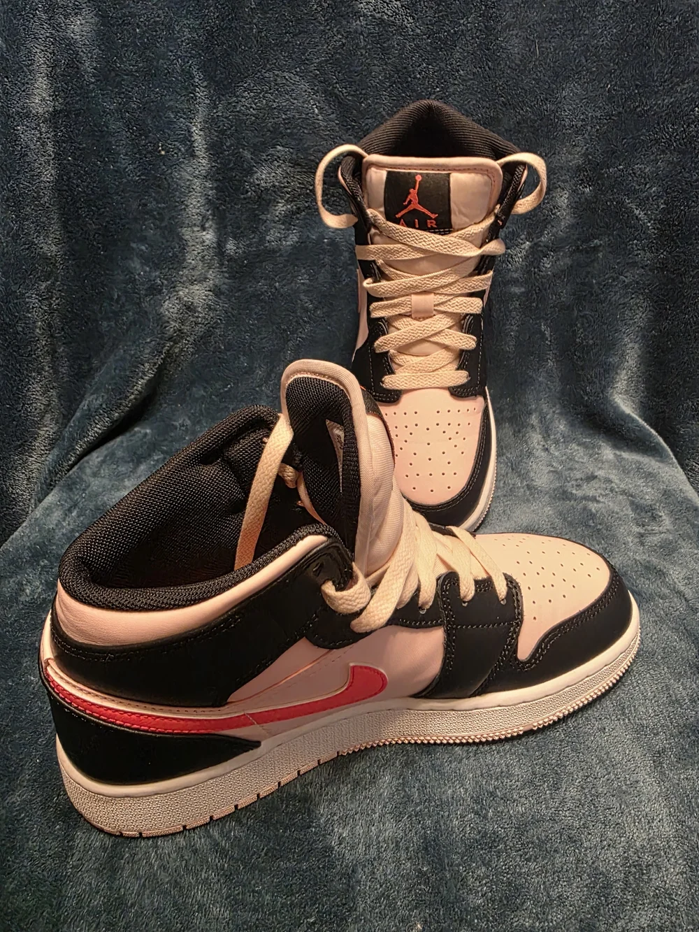 Jordan 1 Pink and Black High-Top Sneakers with Red Swoosh Size 5.5Y/Size 7 Women